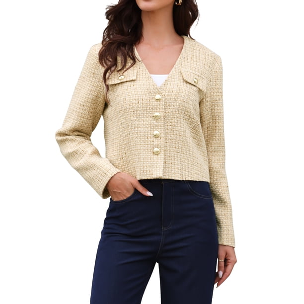 Blazers de Tweed para Mujeres, Manga Larga, Con Botones, Sin Cuello, Elegante, Casual de Negocios, Chaqueta Cortada M, Albaricoque