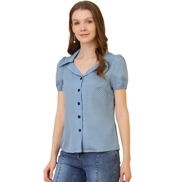 Blusa de lunares Allegra K Para mujer cuello de campamento Manga de burbujas Camisa Abotonada Gris azulado XS