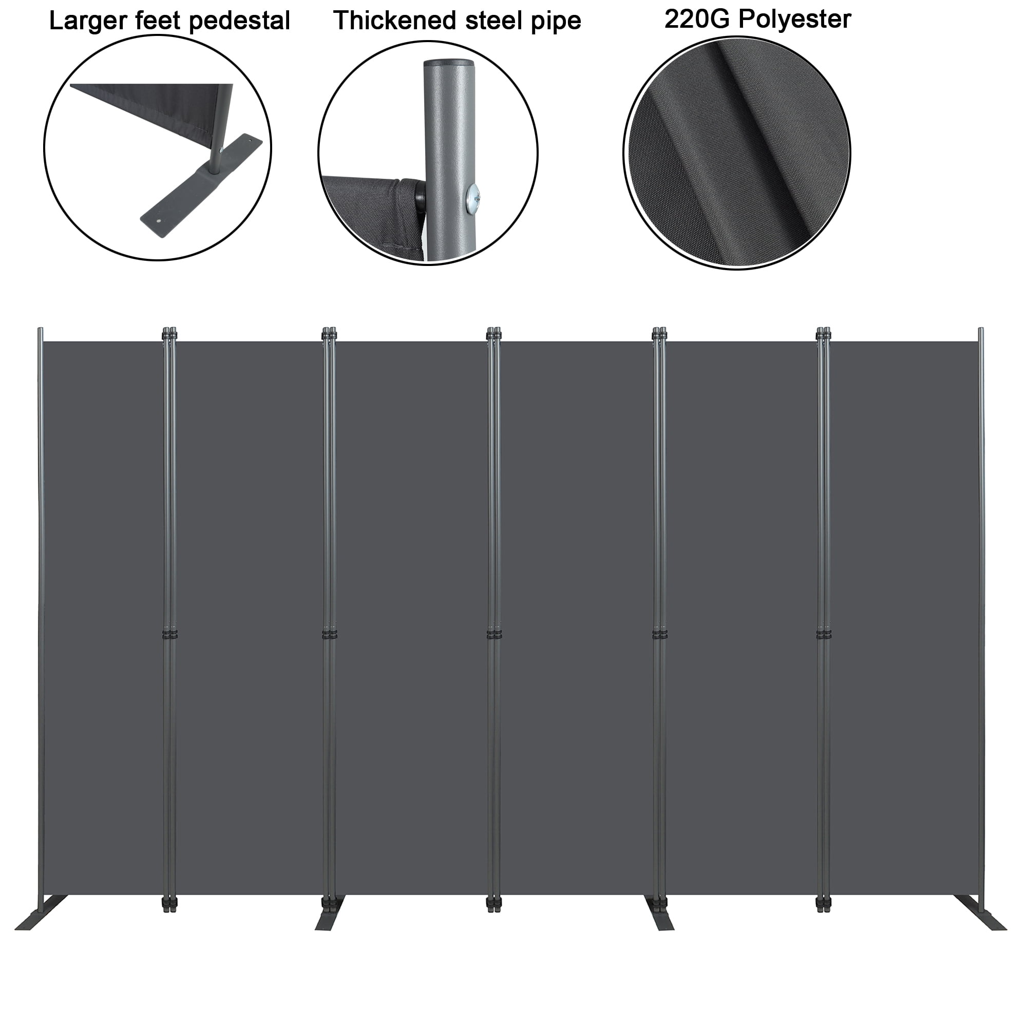 Room Divider 6-Panel -120" W × 71 "H Folding Privacy Screen for Indoor Space, Heavy-Duty Metal Frame & Polyester Fabric Portable Freestanding Partition for Bedroom,Office & Living Room-Black Gray