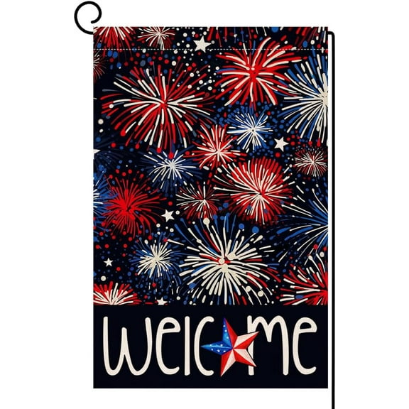 4th of July Fireworks Garden Flag 12x18 Vertical Double Sided Red Blue Welcome Memorial Day Independence Day Holiday Outside Decorations Burlap Yard Flag BW825