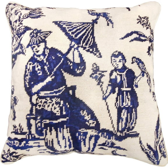 Pillow Throw Boy With Bird 18x18 Blue Needlepoint Canvas Cotton Velvet Wool