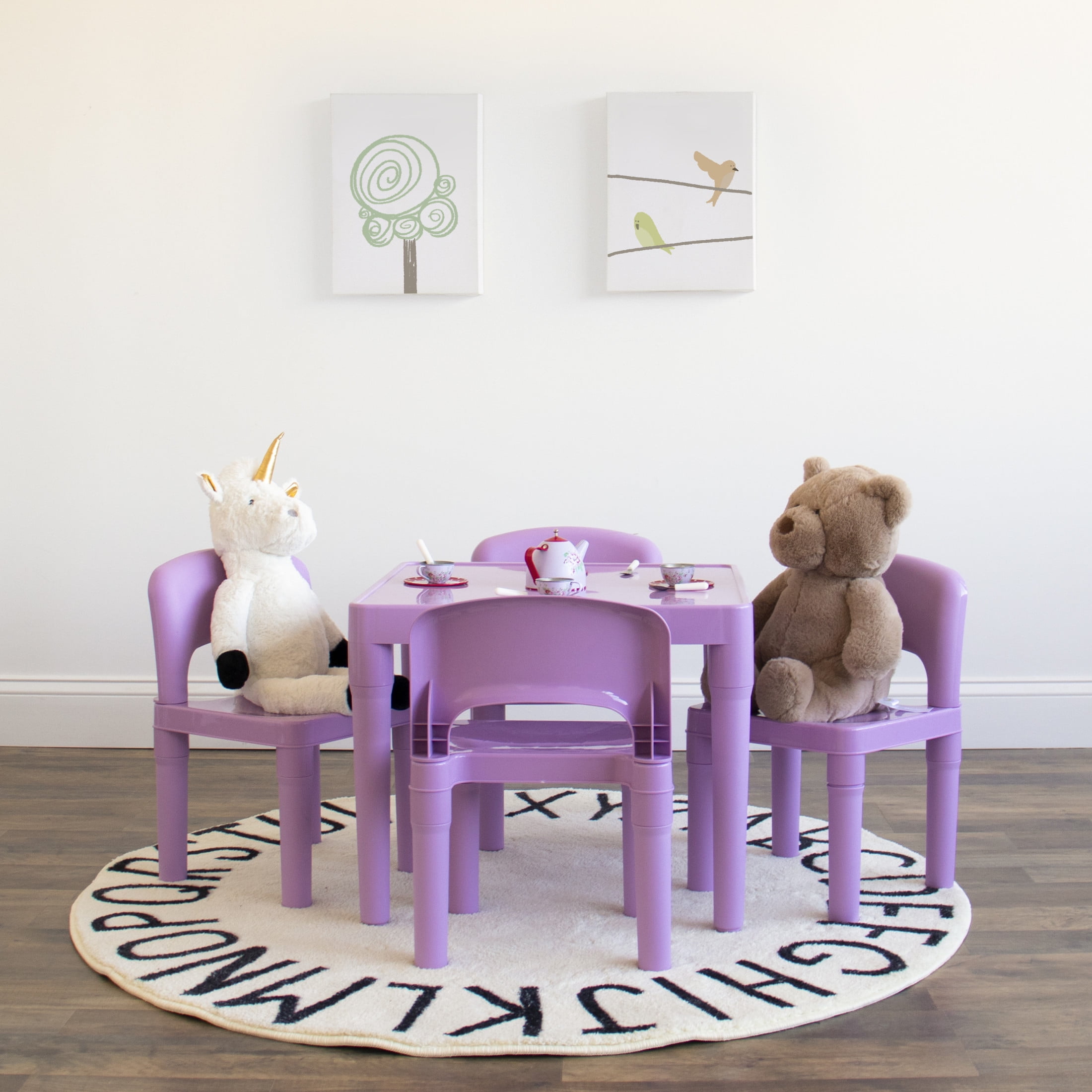 Humble Crew Quinn Toddler Lightweight Plastic Table and 4 Chairs Set, Square Purple Table & Chairs
