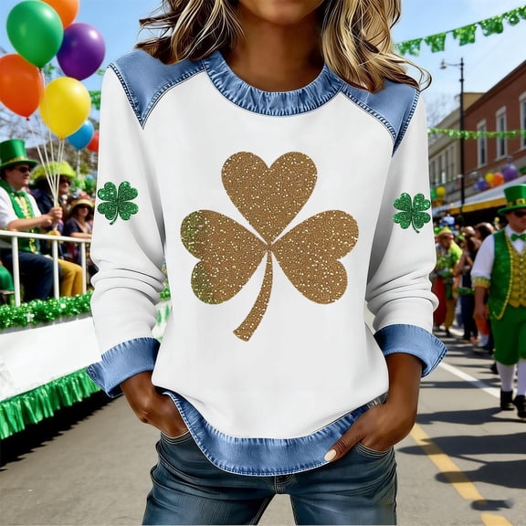 Vekome St Patricks Day Womens Pullover Tops Long Sleeve Plus Size Green Shirts Crewneck Holiday Irish Themed Tee Shirts Holiday Clothes