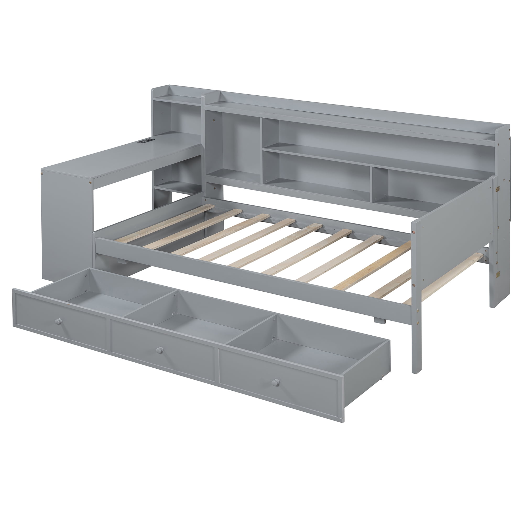 Mintazer Twin Platform Bed with Desk & Charging Ports, Wooden Bed Frame with Storage Shelves & 3 Drawers for Bedroom Playroom Guest Room, Grey