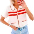 thumbnail image 3 of Womens Striped Short Sleeve Sweater Casual Knitted Button Down Crochet Cardigan Vintage Y2k Hollow-Out Tops, 3 of 4