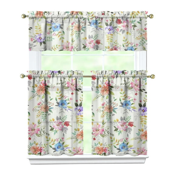 Countryside Floral Curtains 36 Inch - 3 Panel Rustic Farmhouse Set with Vintage Botanical Print, Boho Rod Pocket Kitchen