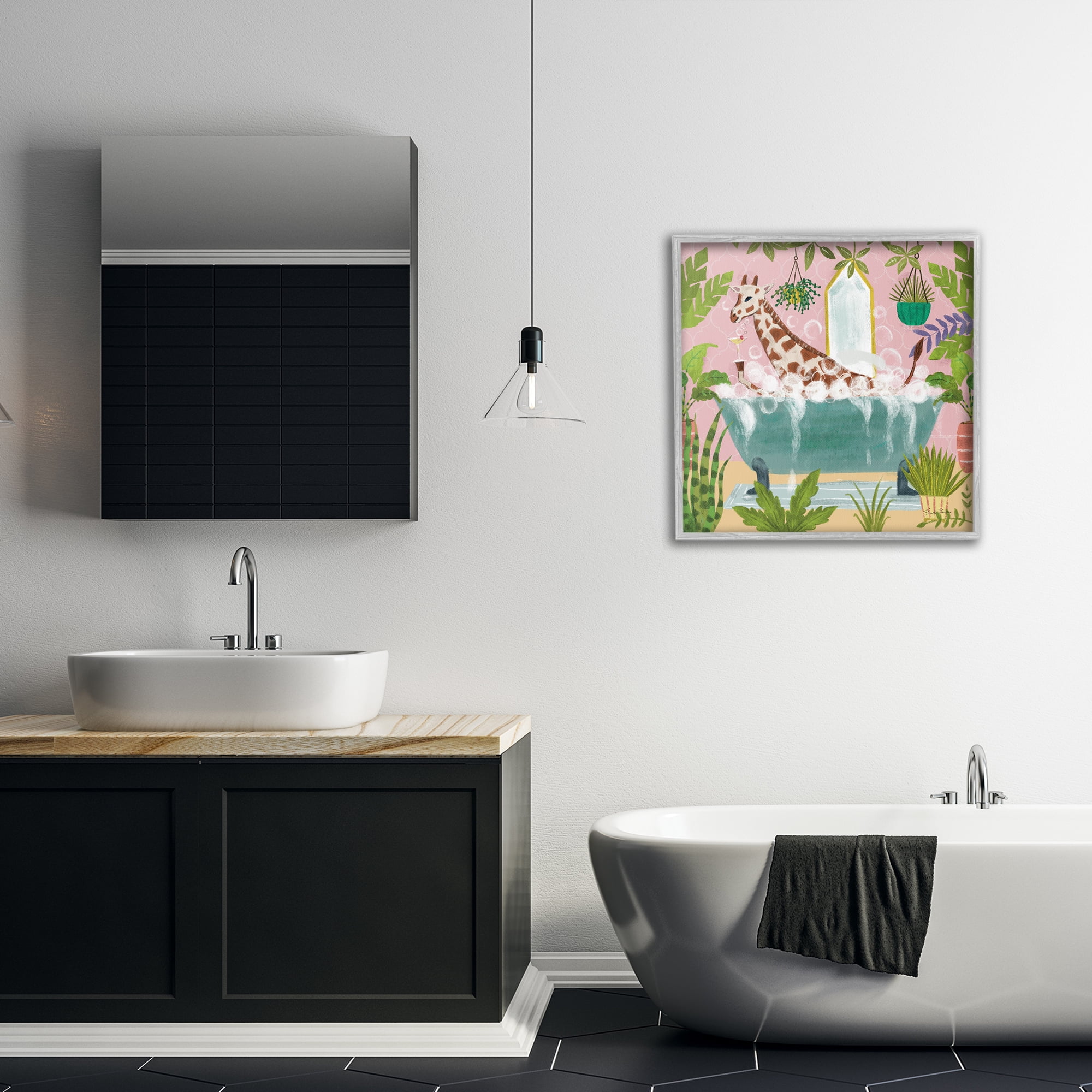 Stupell Industries Giraffe Fun Bath Time Typography Painting Gray Framed Art Print Wall Art, 24 x 24