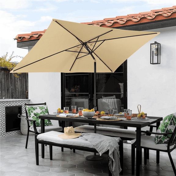 Topeakmart 6.5x10ft Rectangular Outdoor Patio Umbrella with Push Button Tilt and Crank, Tan