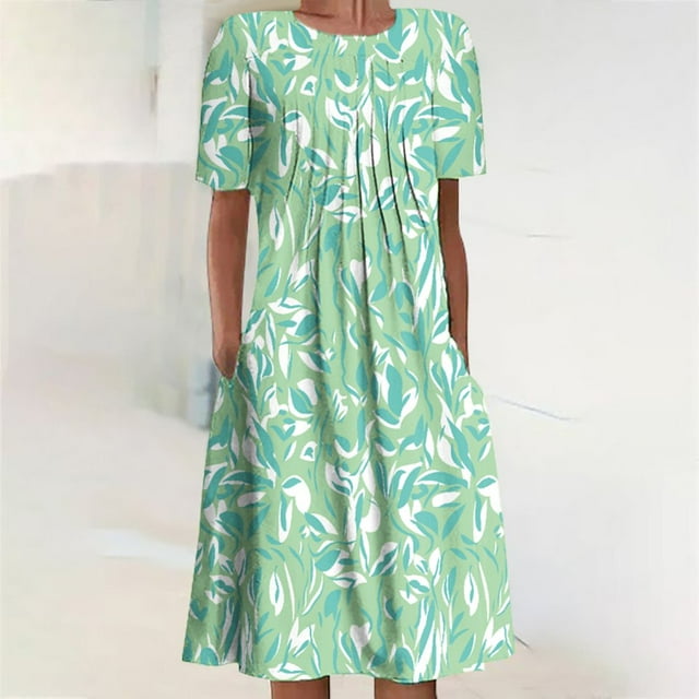 JUNWELL Robe d'Été pour Femmes Vacances à la Plage Bohème Plissée Longueur Genou Robe Midi d'Été pour Femmes Décontractée Col Rond Manches Courtes Imprimé Floral Grande Taille Robe de Fête Soleil Noire m