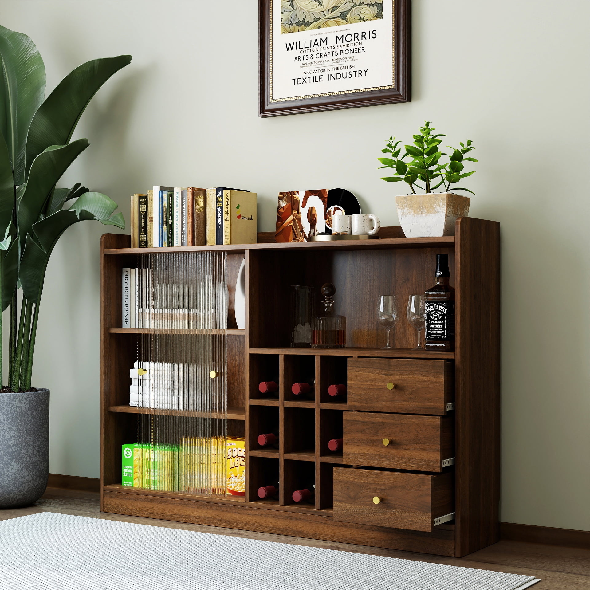 Storage Cabinet, Sideboard with 2 Sliding Glass Doors and Three Storage Tiers, for Dining Room Living Room Kitchen, Walnut Finish