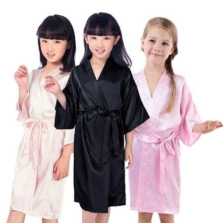 

KYAIGUO Kids Youth Girls Silky Satin Robes Baby Youth Summer Bathrobe Toddler Solid Color Medium Length Night-Robe Loungewear Sizes 2-14Y