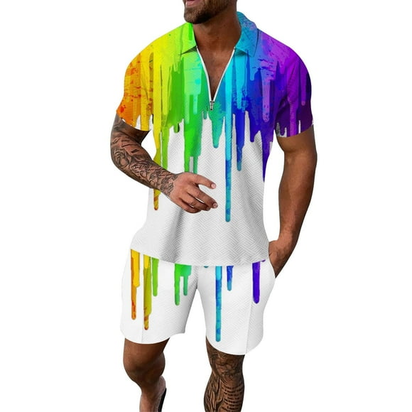 Ediodpoh Men's Suits Male Casual Print Two Piece Suit Zipper Short Sleeve Top Blouse Suit Drawstring Pocket Short Set Short Sets for Women White M