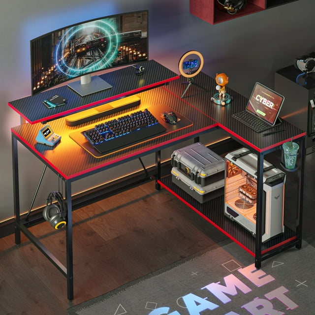 Pinmoco Bureau de Jeu en L Réversible de 42 Pouces, avec Support pour Moniteur, Lumières DEL et Crochets pour Casque, Bureau à Domicile, Fibre de Carbone Noire