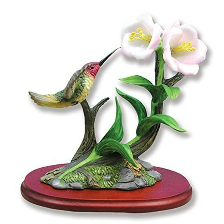 - Hummingbird Figurine Porcelain with Primrose Flower on Wood Base
