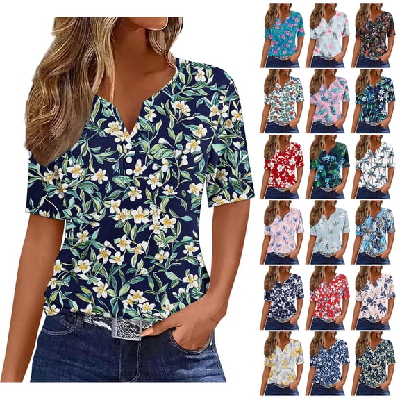 Kctiaxy Hawaiian Shirts for Women V-Neck Button Collar Short Sleeve Shirts Fashion Beach Floral Summer Tops Casual Pullover Blouse