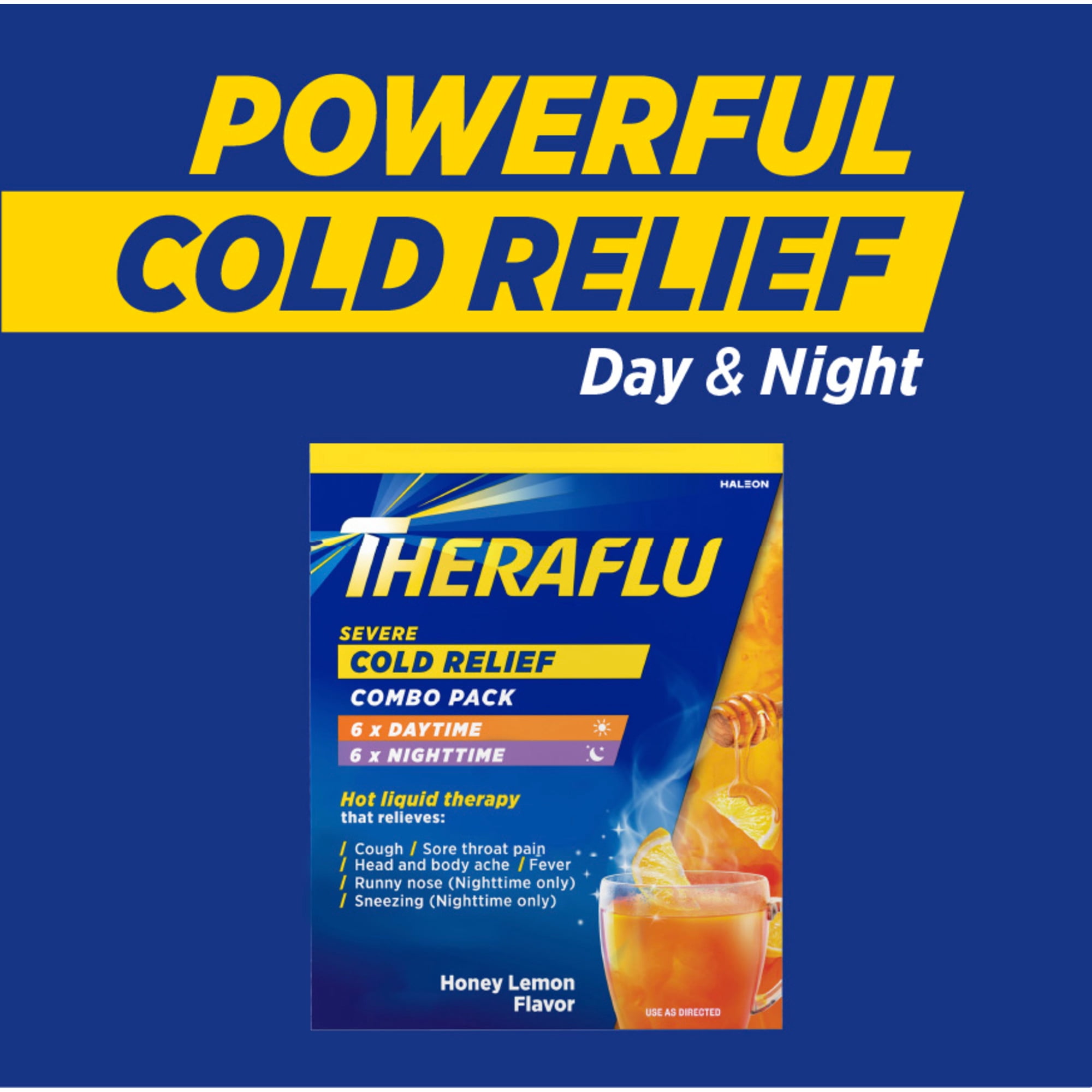 Theraflu Severe Cough Cold and Flu Day and Nighttime Relief Medicine Powder, Honey Lemon, 12 Count