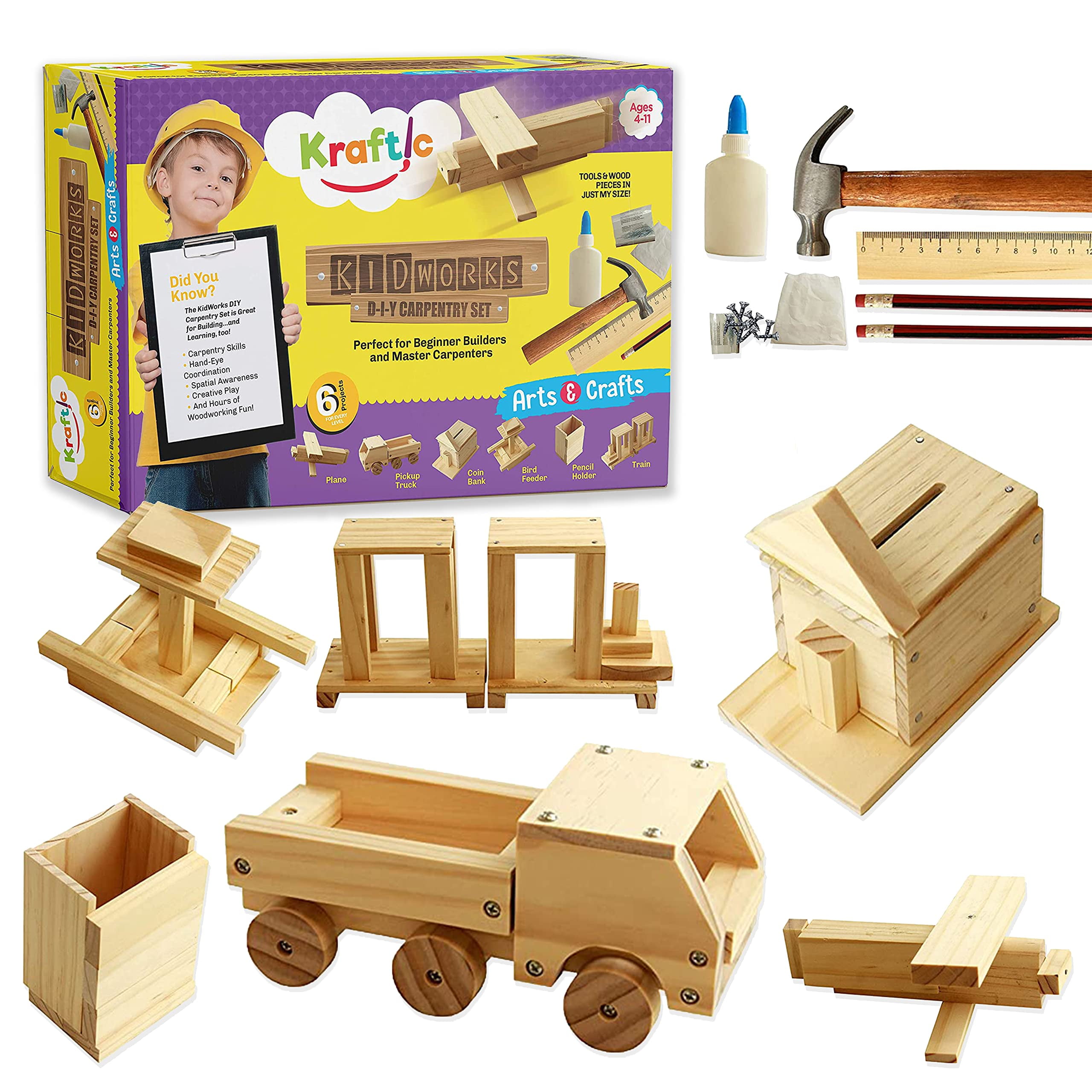 Kraftic Woodworking Building Kit for Kids and Adults, with 6
