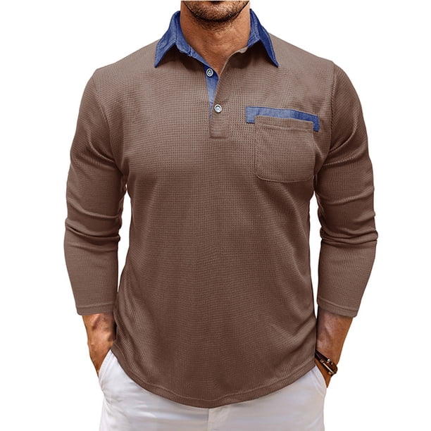 Blusa y camisa de manga larga con cuello vuelto para hombre, estilo casual, con bloques de color, de poliéster y manga larga.