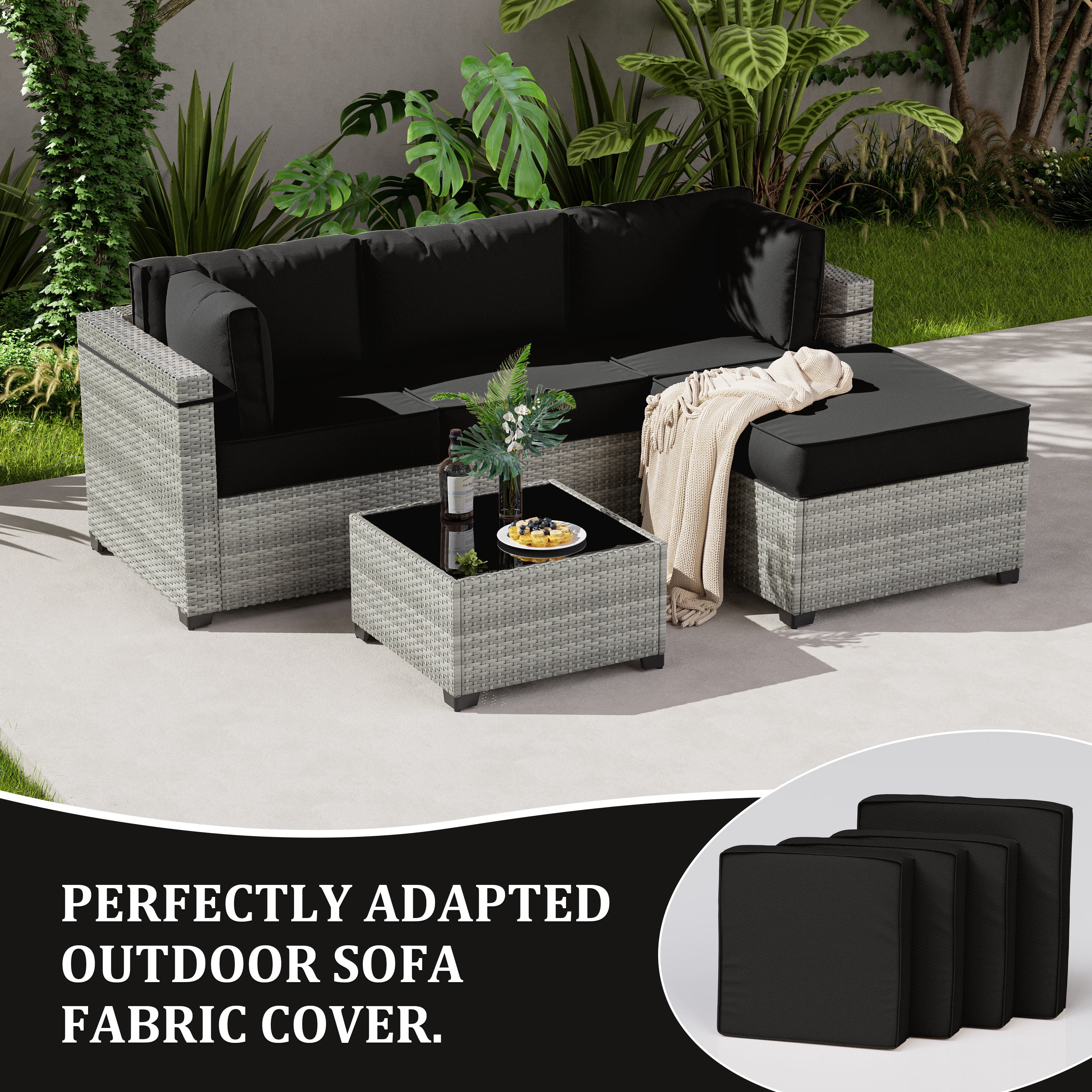 Snubbull Patio Furniture Cushions, Replacement Outdoor Cushions for 4-Seat Sectional Sofa,Waterproof & Zipped, Black