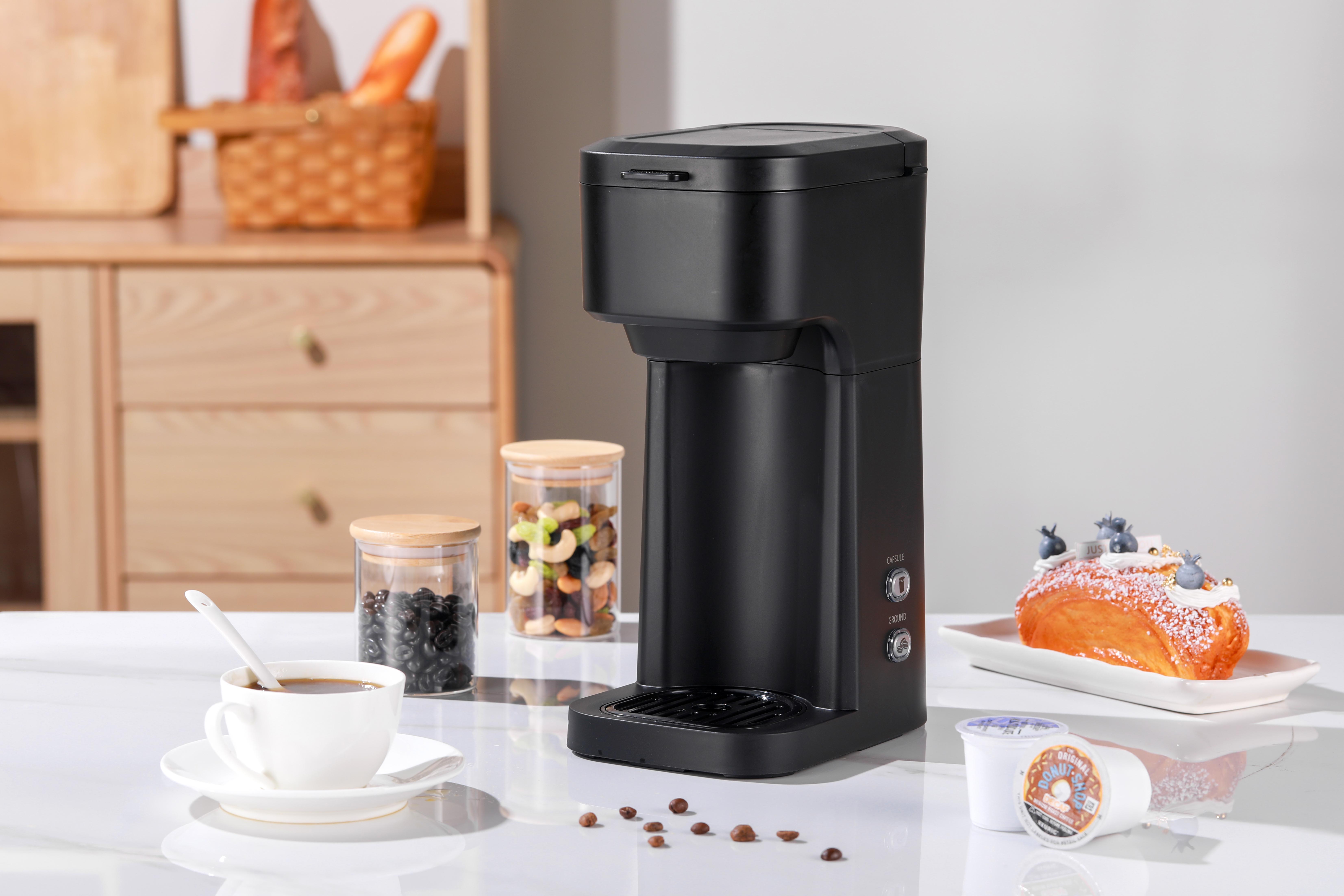 MAINSTAYS BLACK MATTE DUAL BREW COFFEE MAKER, SINGLE SERVE, AUTO SHUTOFF, 14 OZ RESERVOIR