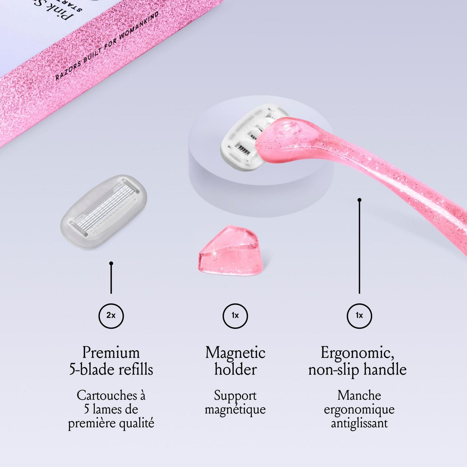 Billie Women’s Razor Kit - 1 Handle + Magnetic Holder + 2 x 5-Blade Refills - Pink Sparkle, 1 Kit