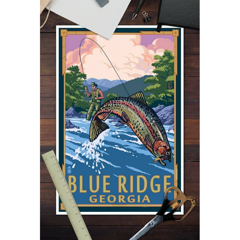 Blue Ridge, Georgia - Angler Fly Fishing Scene (Leaping Trout) - Lantern Press Poster (12x18 Art Print, Wall Decor Travel Poster), Size: 12 x 18