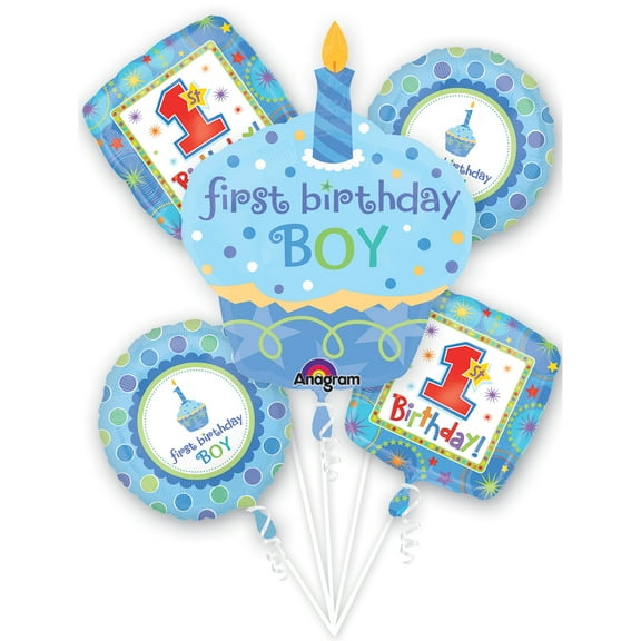 Anagram Boys First Birthday Cupcake Bouquet 5pc Balloon Pack, Baby Blue