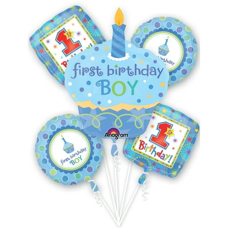 Anagram Boys First Birthday Cupcake Bouquet 5pc Balloon Pack, Baby