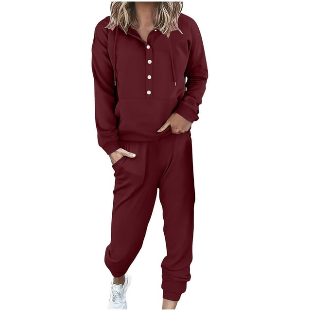 Pisexur Womens Lounge Set Trendy Casual Solid Color Matching Set Long Sleeve Button Drawstring Hooded Sweathirts Tops Wide Leg Sweatpants Tracksuit with Pockets 2 Piece Travel Outfits