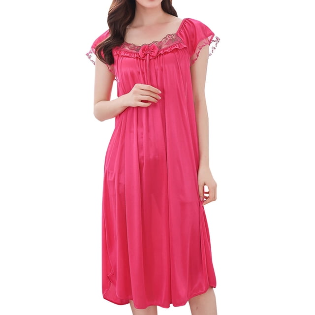 Tranfacy Chemises de Nuit pour Femmes, Robe de Nuit Sans Manches pour Femmes, Robe de Nuit d'Été en Dentelle à Manches Courtes pour Femmes, Doublée de Soie Glacée, Mi-Longue