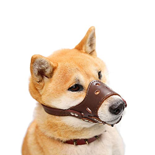Adjustable Leather Bite Bark Control Dog Muzzle Brown