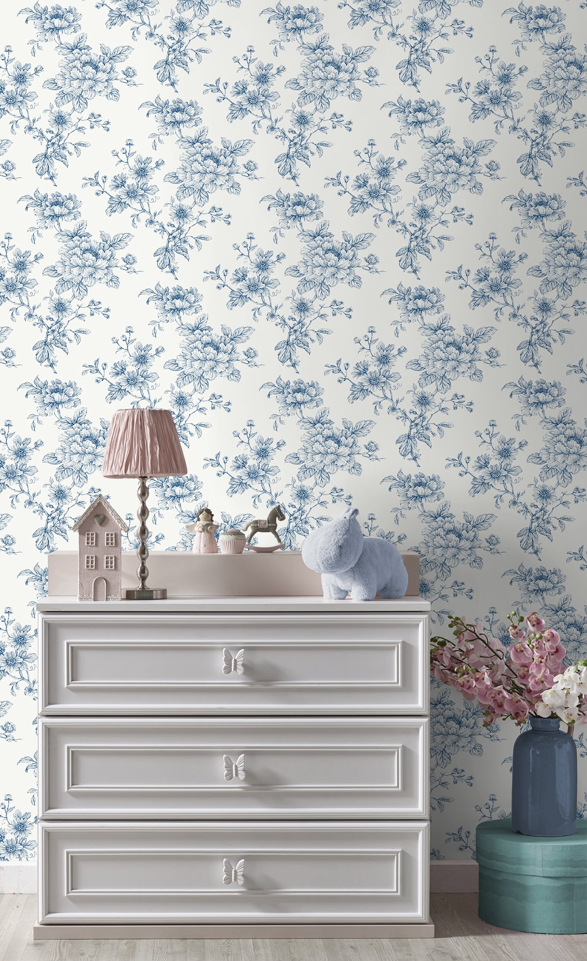 NextWall Blue Sketched Floral Peel and Stick Wallpaper