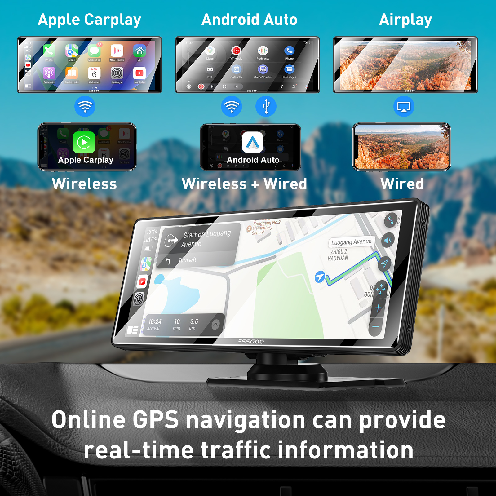 ESSGOO 10.26" Full HD Wireless Car Stereo: Apple CarPlay & Android Auto, Magic Link Screen Mirroring, GPS Navigation, Dual Bluetooth 5.0, AUX/FM Audio – Universal 7-32V for Cars, Trucks, RVs