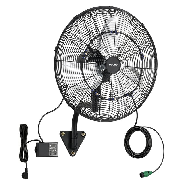 VEVOR Wall Mount Fan, 20 in Wall Mounted Hanging Fan with Oscillating & Mist, Remote, IP44-rated, 3-Speed, 18h Timer, Temperature Control, Powerful for Industry