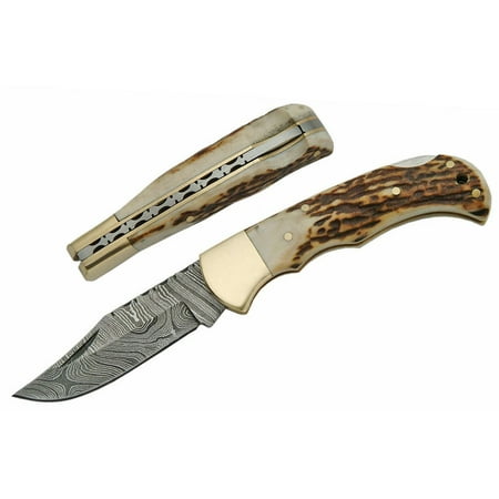 SANZ Folding Pocket Knife 4 Inch - Folding Knife for Men with Clip Black Damascus Blade Stag Handle for Camping Hiking Outdoor Use