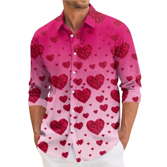 Fgvctg Mens Valentine's Day Shirts Long Sleeve Button Down Cotton Shirts Collared Romantic Blouse Date Day Love Heart Print Plus Size Business Casual Tops Hot Pink 3XL