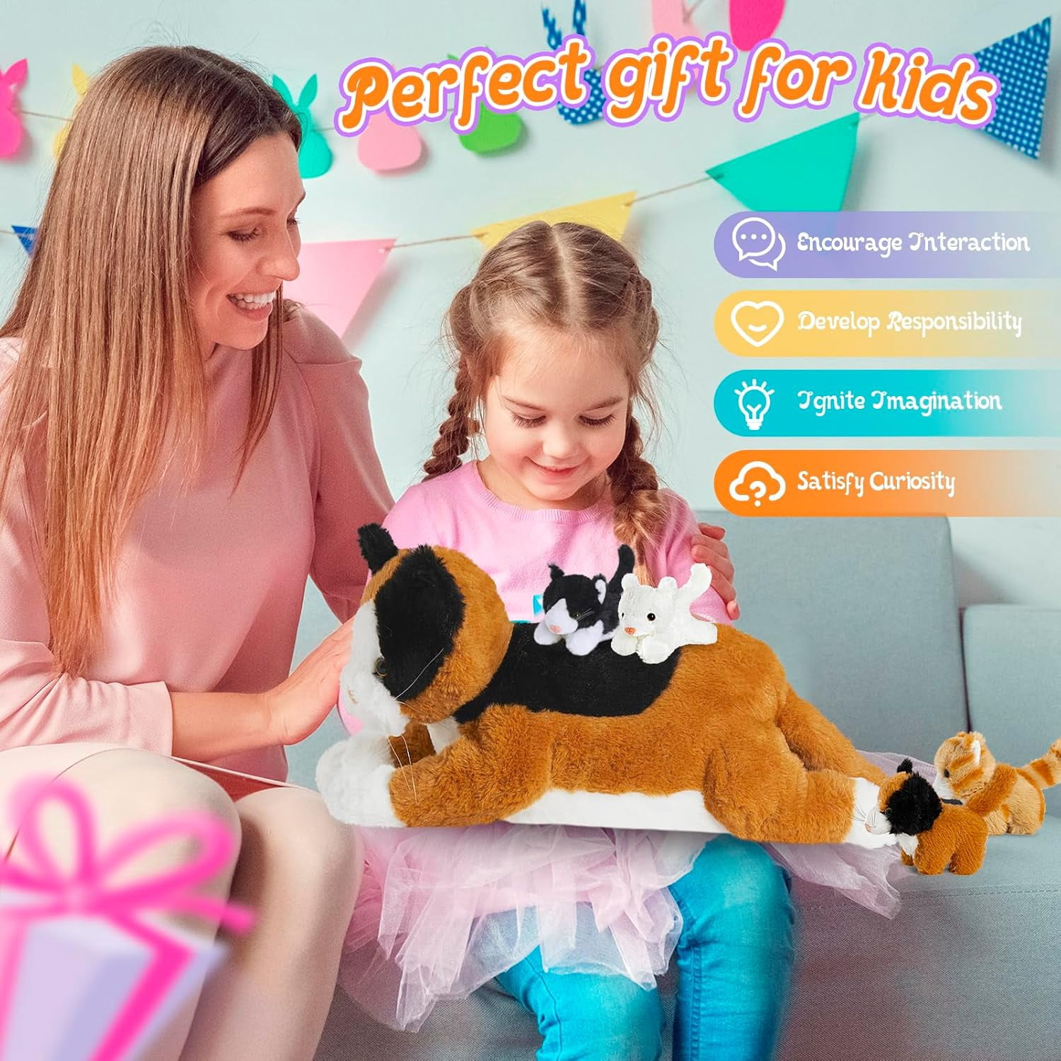 Houwsbaby 5-Piece Cat Plush Toy Set - Mommy Cat with 4 Kittens, Kitty Surprise, Parent-Child Stuffed Animals for Kids, 17''