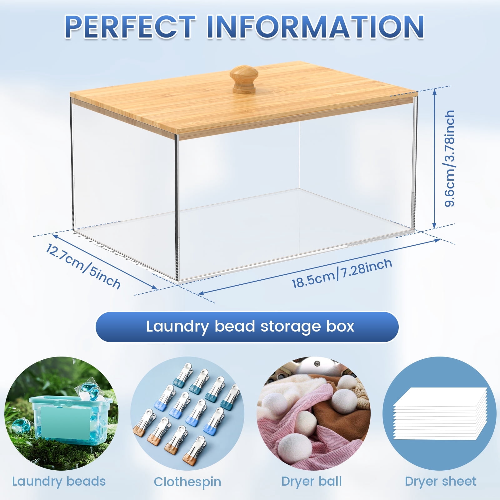 FUYGRCJ Dryer Sheet Holder with Bamboo Lid and Labels Clear Acrylic Dryer Sheet Container Dryer Sheet Dispenser Rectangular Laundry Pods Container for Laundry Room Decor Organization and Storage