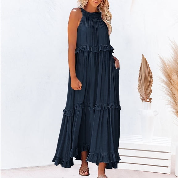 Womens Maxi Dress Sleeveless Tiered Beach Dress Casual Loose Swing Boho Smocked Ruffle Womens Long Dresses Casual Women Party Dresses Short Maxi Dress for Women Cute Shirt Dress Womens Short Sleeve