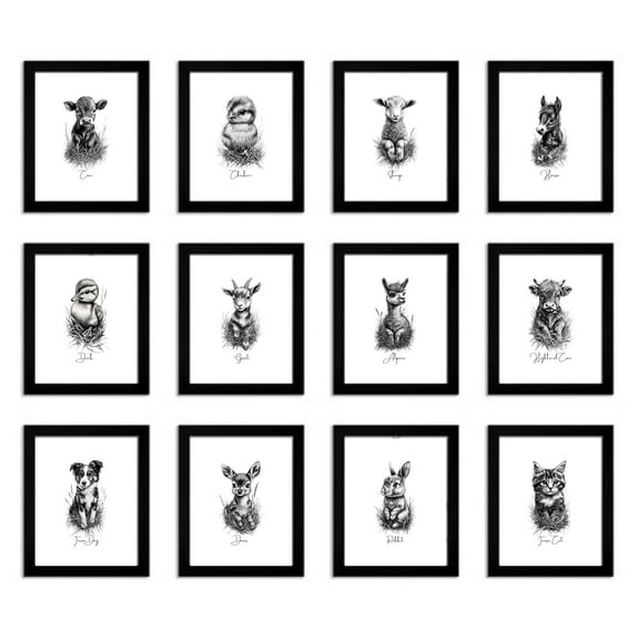 TheNameStore Rustic Farmhouse Animal Wall Art, Photo Picture Set, 12pk, 8.5x11