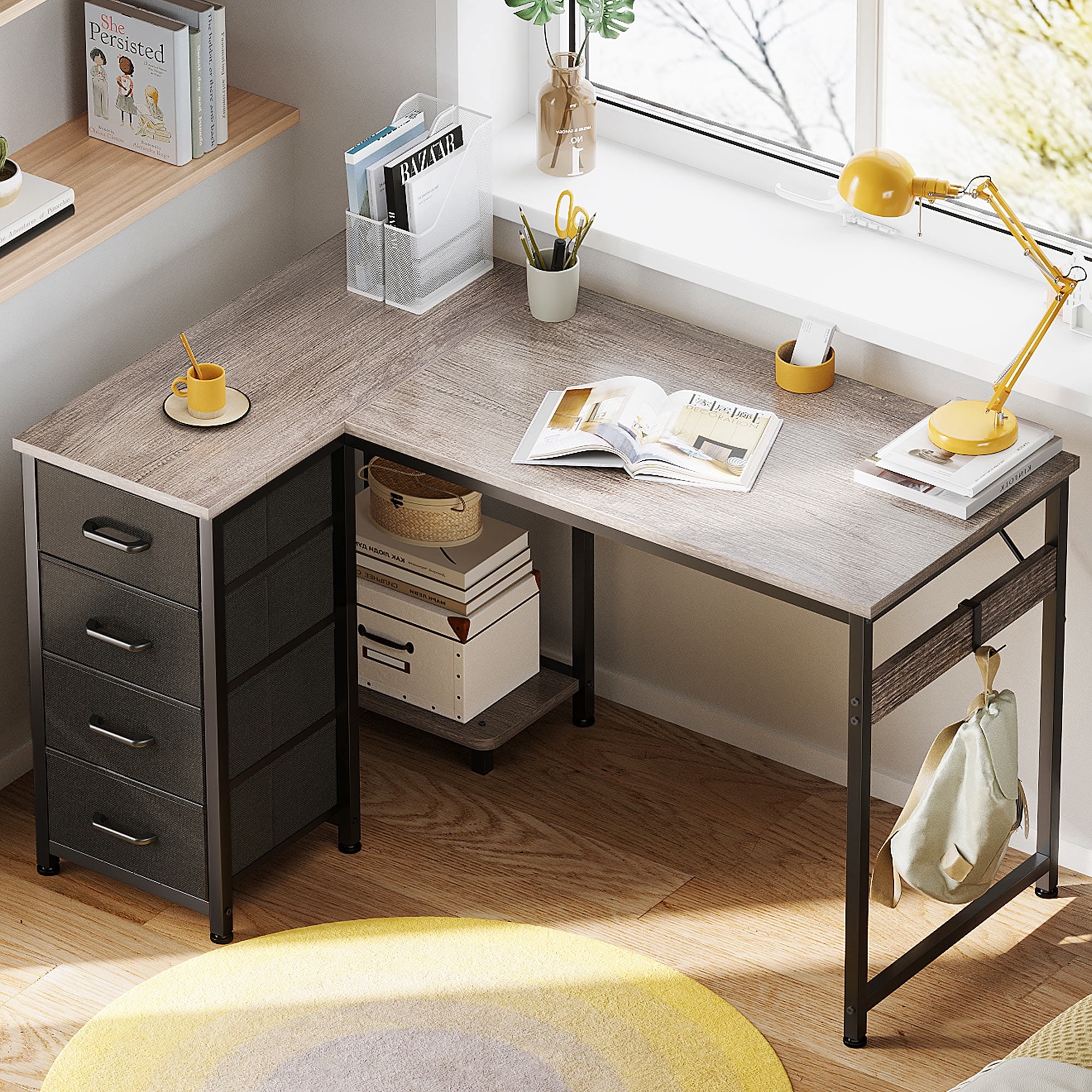 40 inch Computer Desk with 4 Fabric Drawers — Home Office Desks with Storage, Writing Desk with Side Hook, Desk Study/Work Table for Bedroom and Small Space, Oak Grey