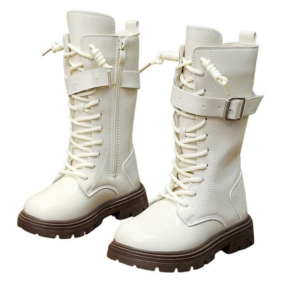 Girl's Mid Calf Riding Boots Lug Sole Chunky Heel Lace up Zipper Adjustable Buckle Strap Leather Long Combat Booties White 12.5 Little Kids