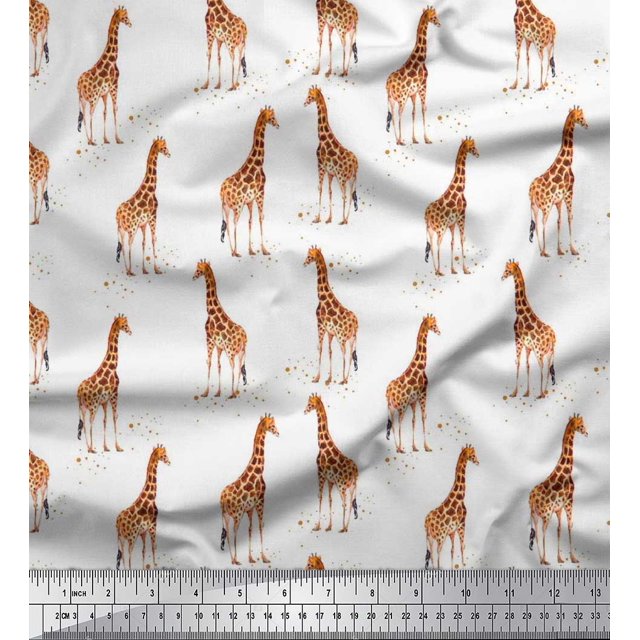 Soimoi White Cotton Voile Fabric Dot & Giraffe Animal Decor Fabric Printed BTY 42 Inch Wide
