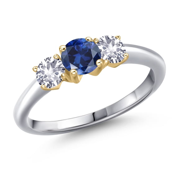 Gem Stone King 925 Silver and 10K Yellow Gold Blue Created Sapphire and White Created Sapphire Engagement Ring for Women | 1.10 Cttw | Round 5MM | Gemstone September Birthstone | Size 5