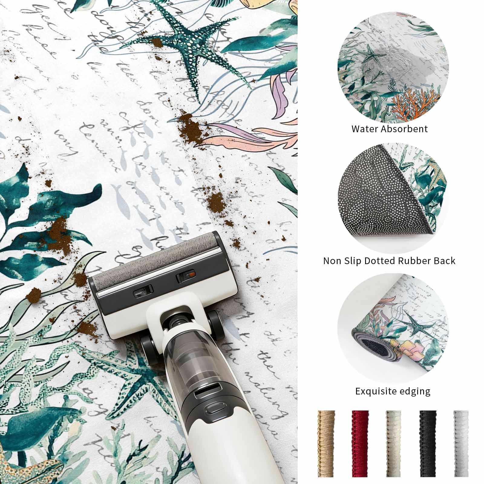 Area Rugs 3'x5', Coastal Green Seaweed Carpet Runner Indoor Outdoor Rugs Home Decor Aesthetic, Summer Beach Coral Starfish Retro Non Slip Mats Washable Accent Rug for Living Room Bedroom