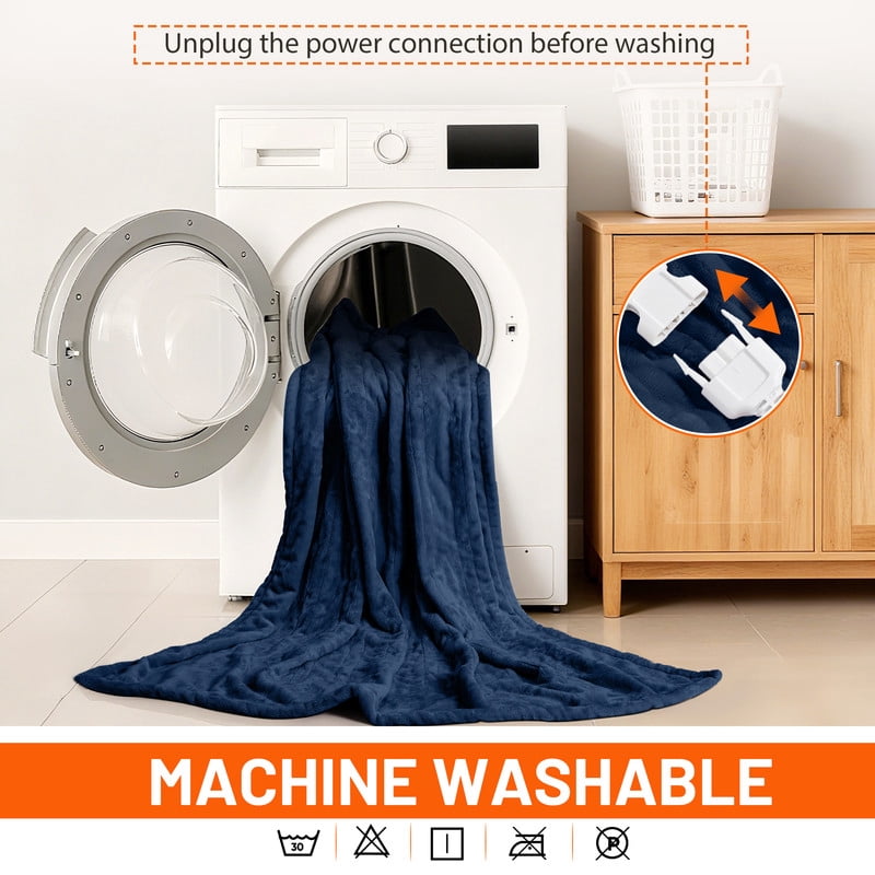 Vccoem Dual Control Heated Throw Blanket, Queen Size 84"x90", Dual-Sided Flannel & Sherpa, 9 Heat Settings, 2-10 Hour Auto Shut-off, Machine Washable Electric Blanket for Couch & Bed, Navy Blue