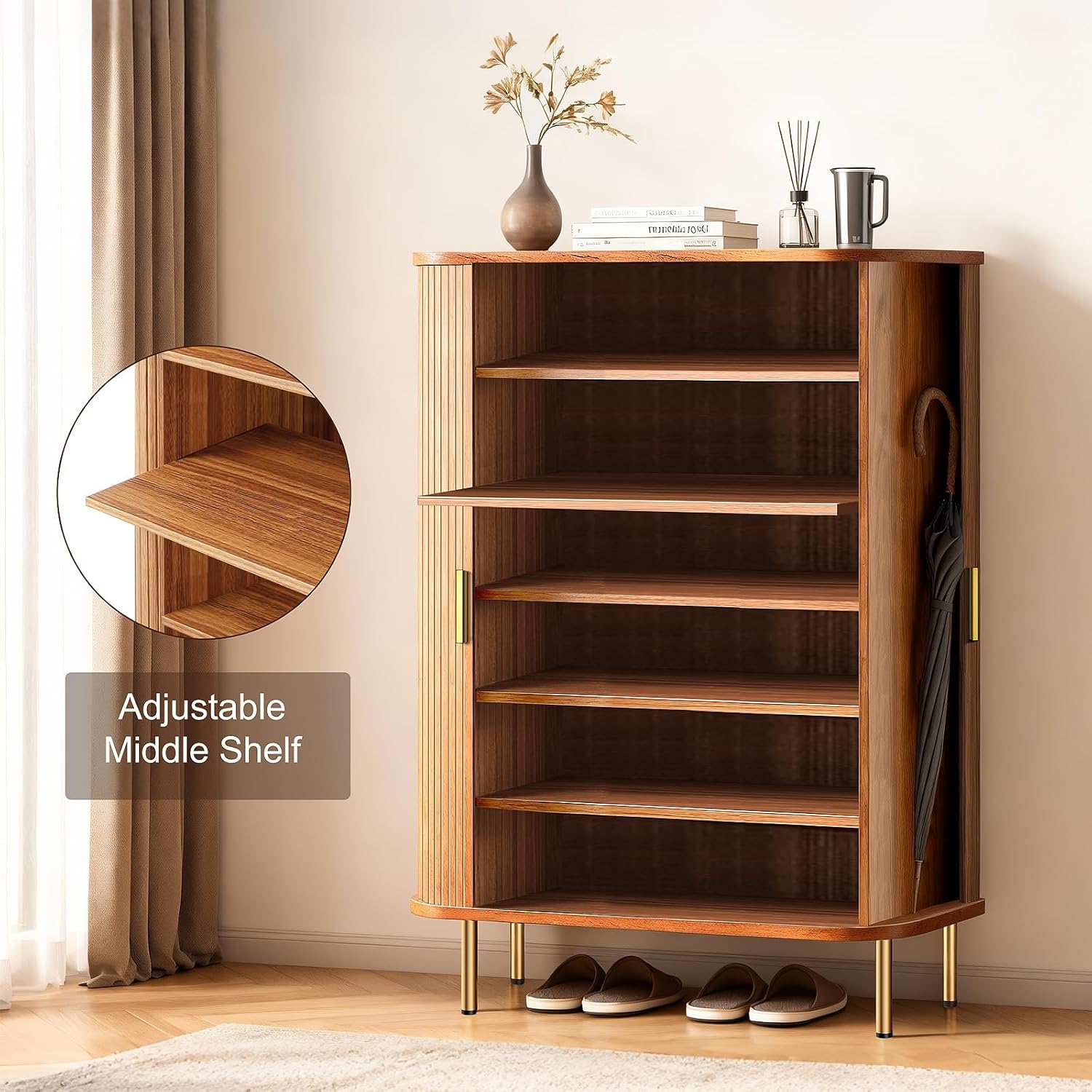 Shoe Storage Cabinet with Sliding Door, 6-Tier Shoe Cabinet with Adjustable Shelves, Mid-Century Modern Freestanding Shoe Storage Organizer for Entryway, Hallway, Living Room (Yellow)