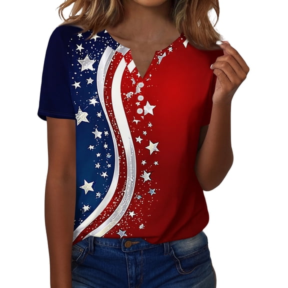 Women's America 250 Usa Shirt Stars Striped American Flag Print Button Down V Neck 4th Of July Patriotic Shirts