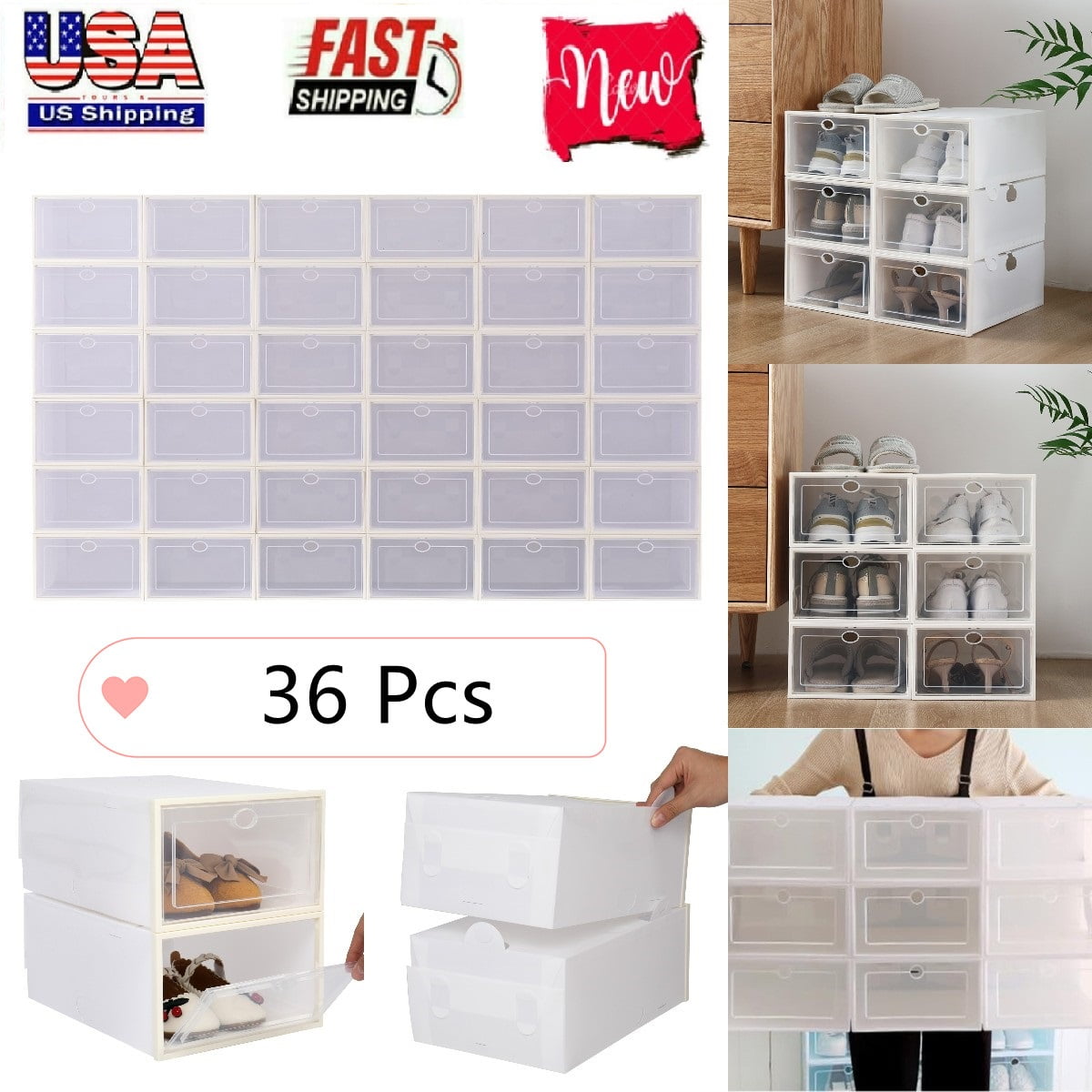 Goorabbit 36 Pcs Shoe Storage Boxes, Clear Plastic Stackable Shoe