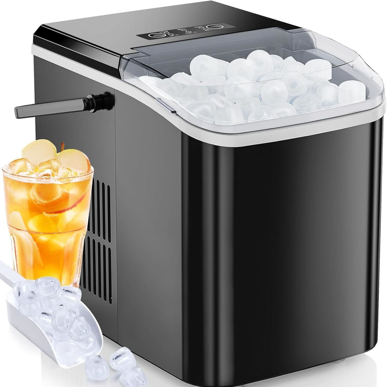 Ice Maker Machine with Handle,26lbs in 24Hrs,9 Ice Cubes in 6 Mins,Auto-Cleaning Portable Ice Maker with Basket and Scoop, Countertop Ice Maker for Home/Kitchen/Camping/RV, Sleek Black